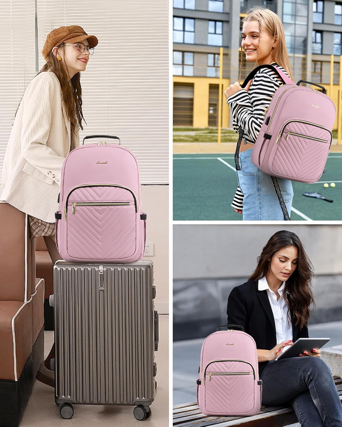 LOVEVOOK Laptop Backpack for Women, Travel Computer Work Bags with 17-inch Laptop Compartment, College School Student Bag Teen Backpacks For Girls, Outdoor Carry On Backpack Purse, Light Pink