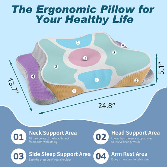 Cervical Neck Pillow for Pain Relief - Cooling Ergonomic Neck Support Pillow for Sleeping, Orthopedic Contour Memory Foam Pillows for Side, Back & Stomach Sleepers with Pillowcase (Grey)