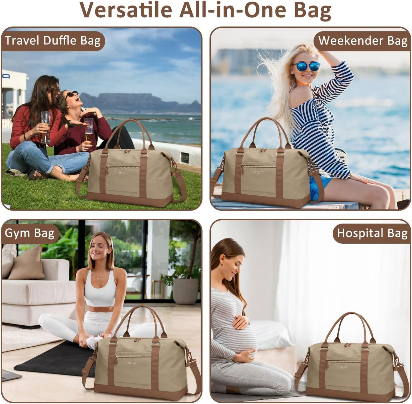 Travel Duffle Bag for Women, Weekender Bags, Hospital Bag for Labor Delivery, Lightweight Tote Duffel Overnight Bag with Luggage Sleeve, Airplane Travel Bags with Toiletry Bag, Large, Khaki