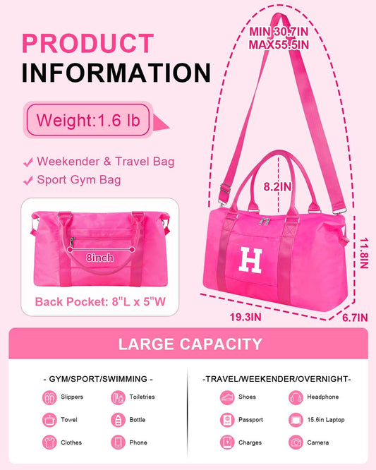 Overnight Bag for Kids Teen Girls Weekender Dance Bag Birthday Graduation Gifts,Initial Travel Duffel Bag Sports Gym Bag Personalized Weekender Bag Carry On Bags Preppy Gifts for Women(Hot Pink, H)