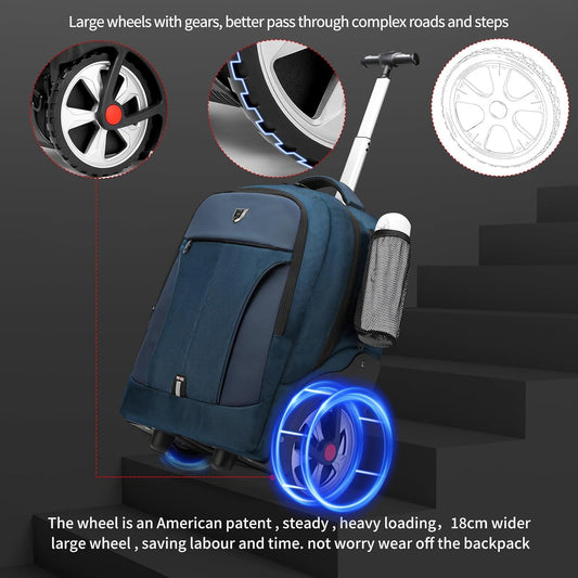 Rolling Backpack,Waterproof Backpack with Wheels for Business and Travel Commuter, Carry on Backpack with Laptop Compartment, Fit 17 Inch Laptop, Wheeled Backpack for Adults
