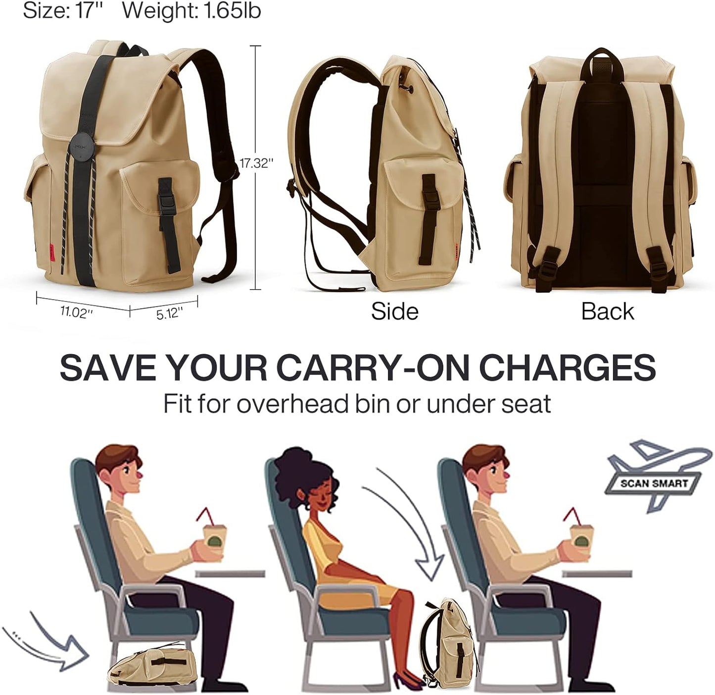 mixi Travel Laptop Backpack for Women & Men, Carry On Backpack fits 16'' Laptop Waterproof Rucksack,17 Inch, Mocha Brown