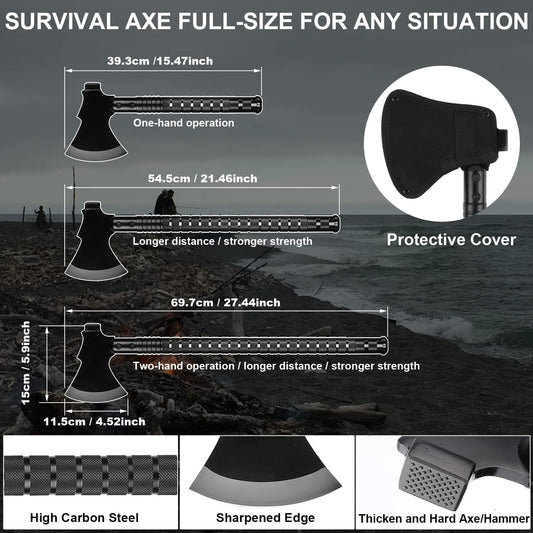 Survival Shovel Survival Axe, Camping Folding Shovels Hatchet with 19.2-37.8inch Lengthened Handle Enlarged Shovelhead High Carbon Steel with Storage Pouch for Camping Cycling Hiking