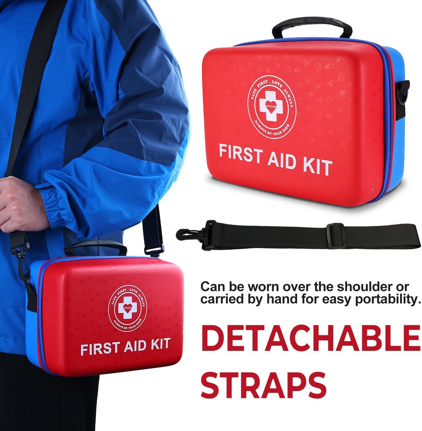 Large First Aid Kit - 410 Piece Dual-Color Emergency Kit with Hard Shell & Fluorescent Interior Coating, Professional Survival Kit for Home, Car, Travel, Hiking & Outdoor(Red/Blue)