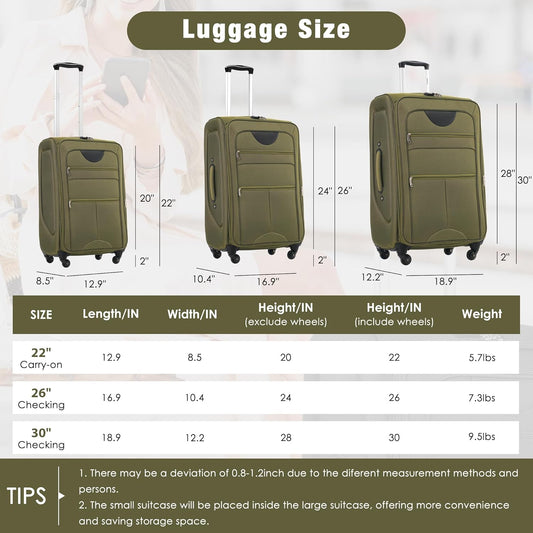 Merax Softside Luggage Set Softshell Lightweight 3 Piece Spinner Suitcase with Duffel Bag Expandable Upright Travel Luggage 22" 26" 30",Army Green