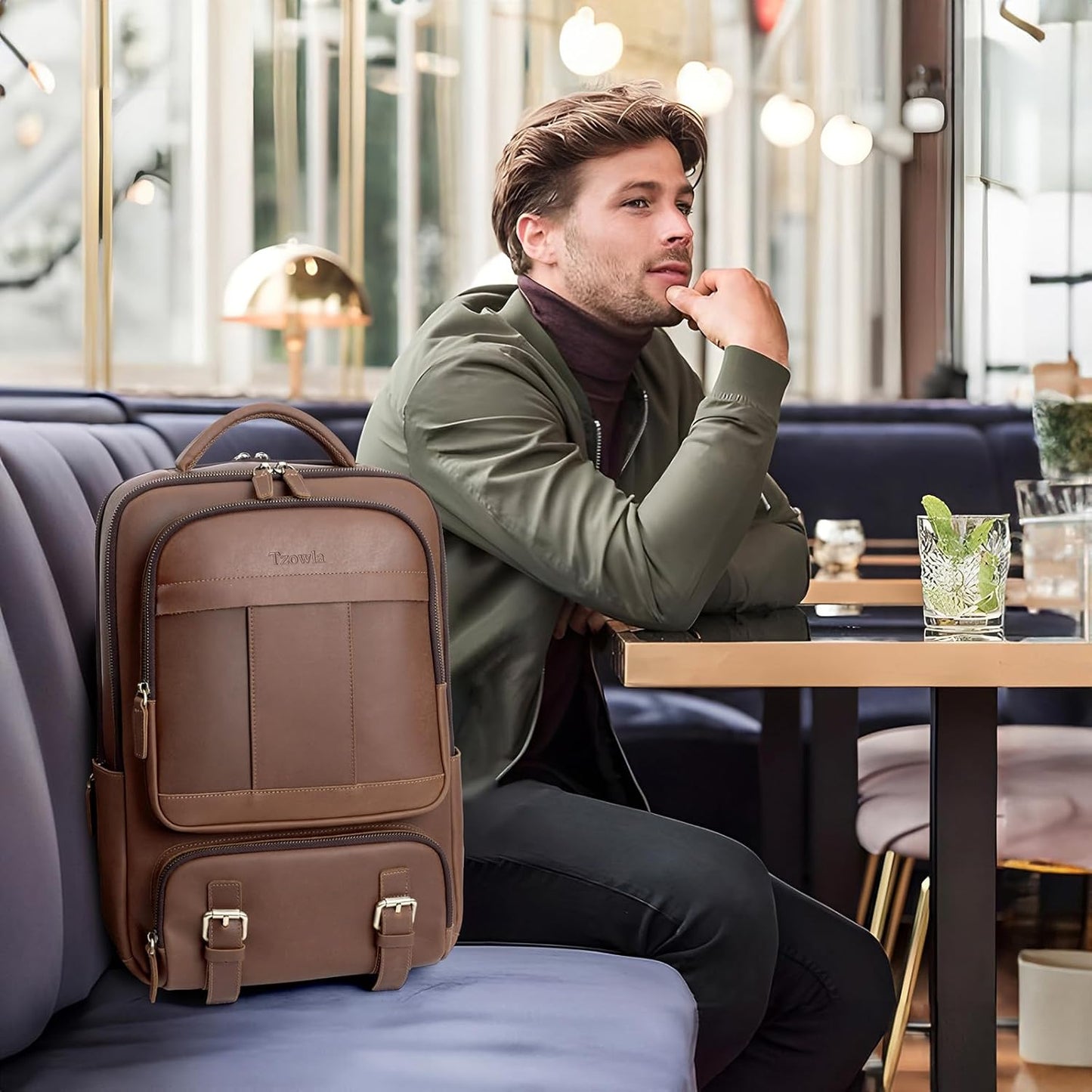 Tzowla Leather Laptop Backpack, Bag for Men and Women,Business Travel Work Rucksack Fits 15.6 Inch Laptop, Bookbag with USB and Type-C Charging Port-Brown