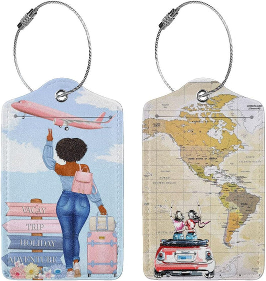 2 Pack Travel Luggage Tags for Suitcases Women Men Kids, Bag Tags for Leather Luggage with Waterproof Suitcase Tags Privacy Cover Name ID Label Steel Loop for Travel Bag Suitcase (Travel)