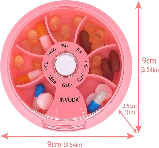 8PCS INVODA Weekly Pill Organizer 7 Compartment Rotating Pill Box for Daily Medication & Vitamins - Portable Travel Pill Case Fish Oil Supplements Vitamins Organizer