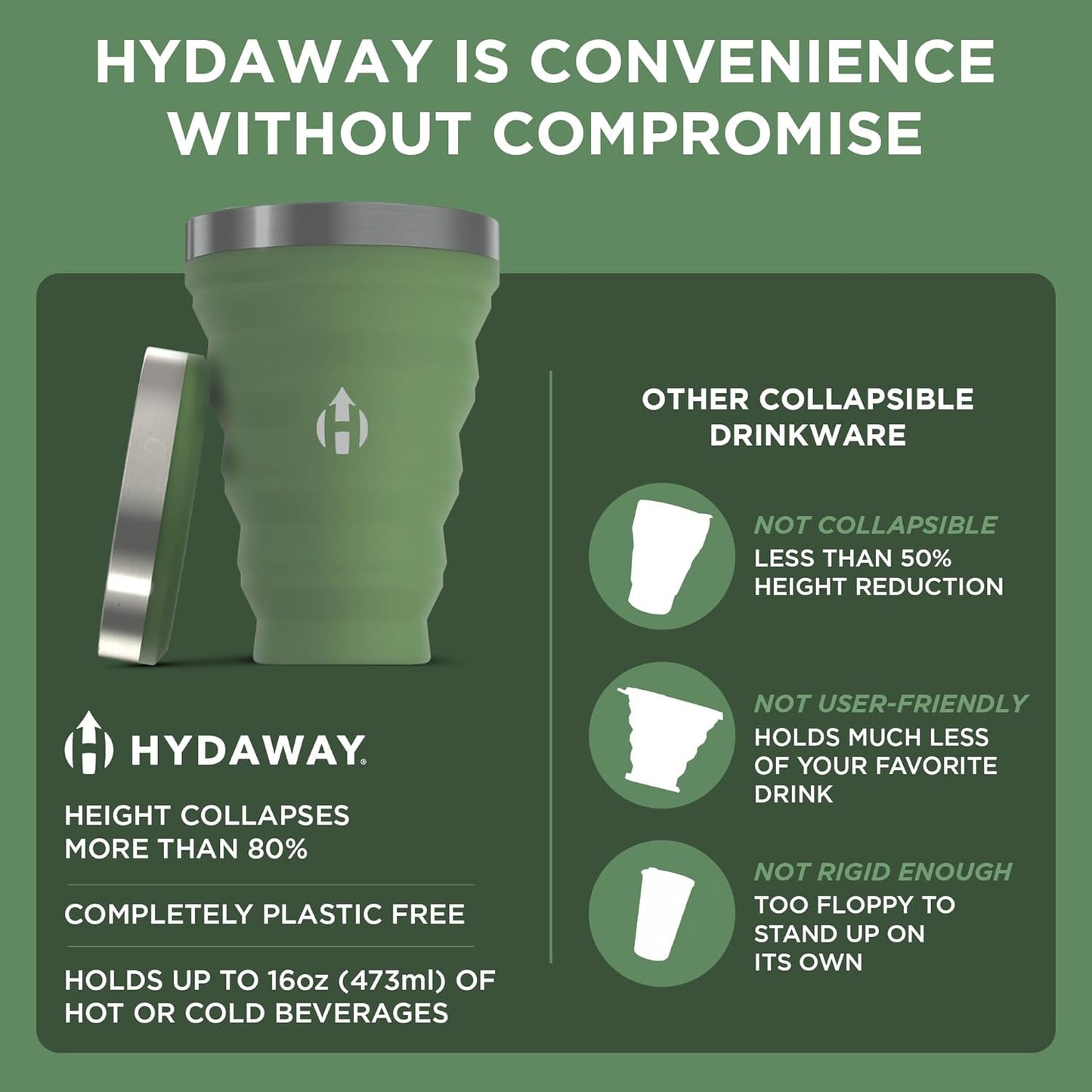 HYDAWAY 16oz Collapsible Pint - BPA-Free Silicone Cup with Stainless Steel Rim - Reusable, Packable, and Durable for Camping, Travel & Everyday Use