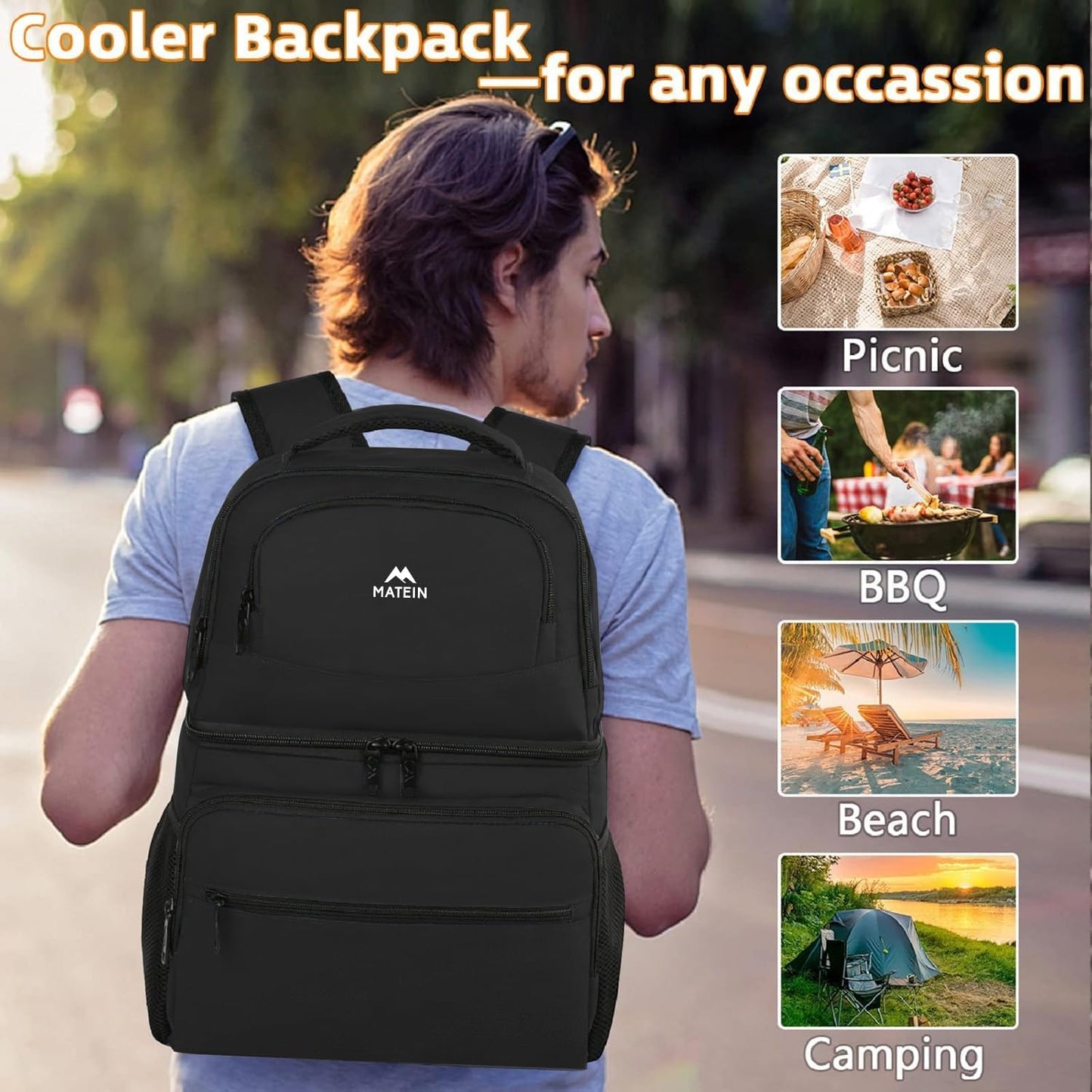 MATEIN Cooler Backpack, 26 Cans Insulated Lunch Backpack for Men Women, Leakproof Double Layer Lunch Cooler Bag Lightweight Soft Lunch Backpack with Cooler Compartment, Beach Camping Hiking Beer Gifts