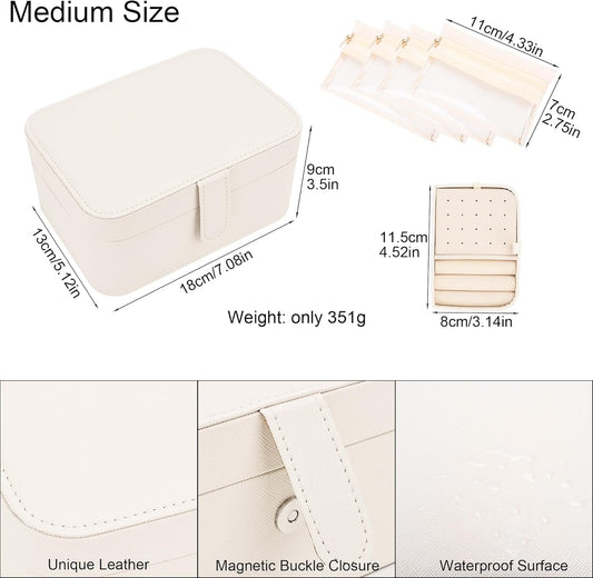 2 Layer Portable Jewelry Box, Large Jewelry Travel Case with 4 Jewelry Pouches, Medium Size Jewelry Organizer Box for Earrings, Necklaces, Bracelets (beige)