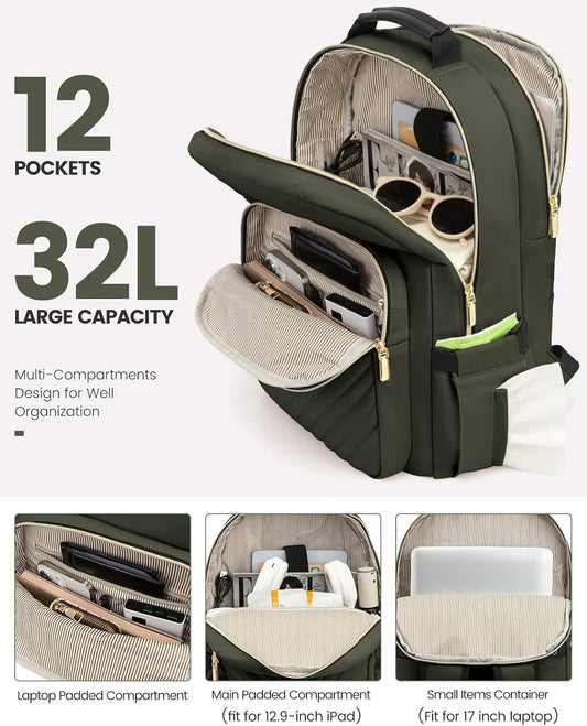 LOVEVOOK Laptop Backpack for Women, Travel Computer Work Bags with 17-inch Laptop Compartment, College School Student Bag Teen Backpacks For Girls, Outdoor Carry On Backpack Purse, Army Green