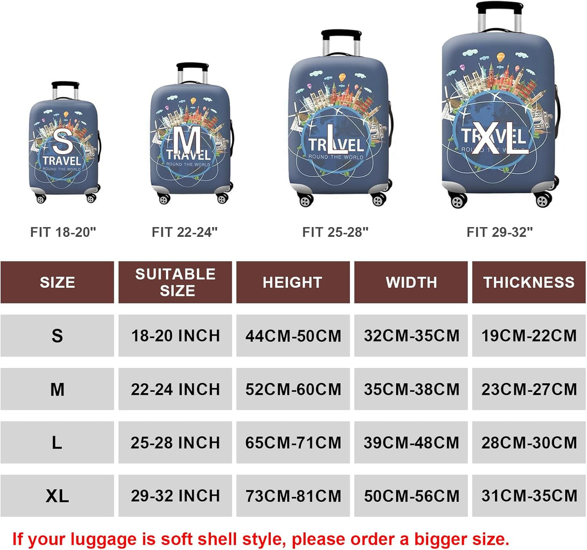 WUJIAONIAO Travel Luggage Cover Baggage Suitcase Cover Protector Skins 18-32 Inch (A9 TRAVEL, S (for 18-20 inch luggage))