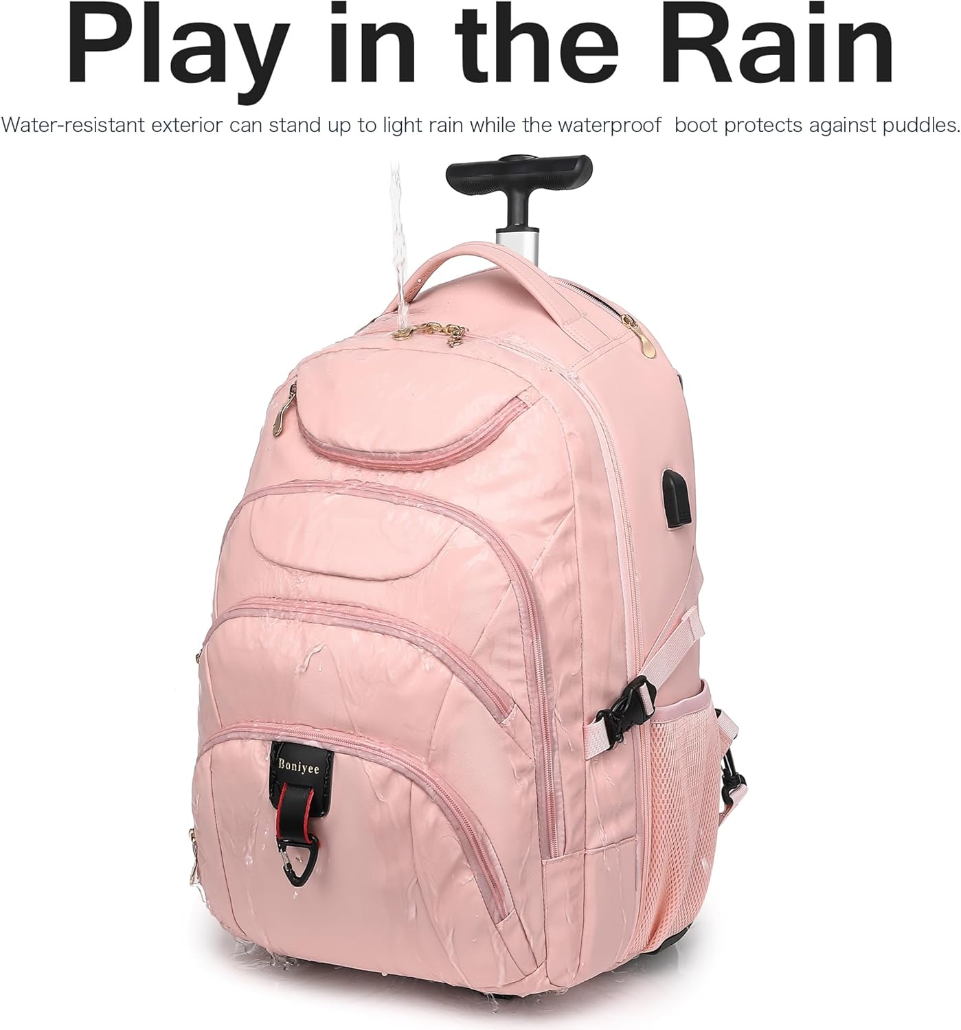 Boavan Rolling Backpack for Women, 17.3 Inch Wheeled Laptop Backpack,Large Travel Carry-On Bag for Teachers College Students, USB Charging Port Waterproof Business for Airplane Overnight Luggage,Pink