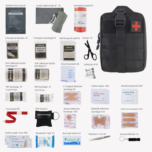 IFAK Trauma Kit, Molle Pouch Emergency Survival Kit, 6” Israeli Straps, Chest Seal Vented, Self-Adhesive Elastic Bandage, for Wound Care(Black)