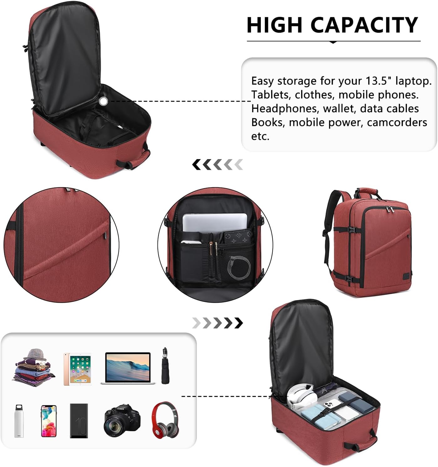 Kono Carry on Backpack, 18" Airplane Approved Under Seat Travel Backpack for Men and Women, Waterproof Lightweight Daypack for Flight 30L (Burgundy Red, Medium)