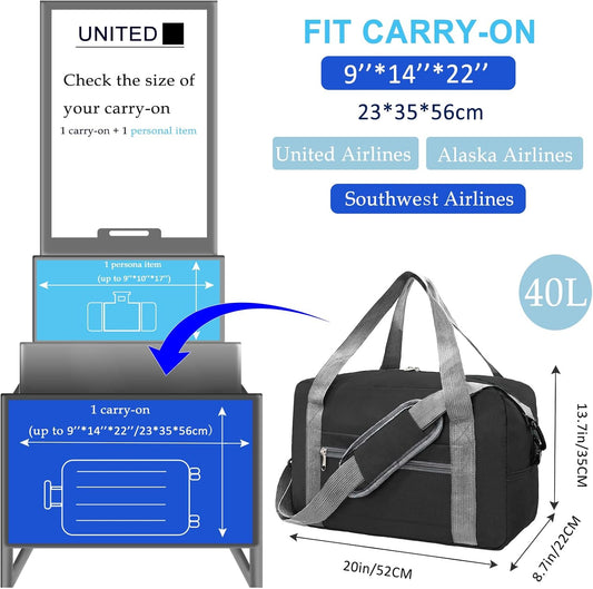 Foldable Carry on Luggage Bag 22x14x9 Personal Item Bag for Airplanes Travel Duffel Bag for Women and Men (40L, Black)