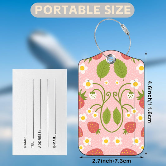 2 Pack Luggage Tags for Suitcases Strawberry and Flowers Leather Luggage Tags Privacy Cover ID Label with Stainless Steel Loop and Address Card for Women Men Travel Bag Backpack