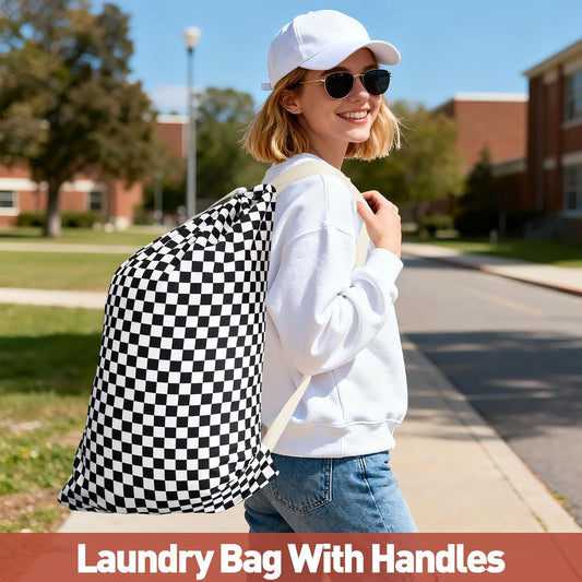 Laundry Bag, Dirty Backpack Laundry Bag For College Travel Laundromat Apartment, With Handles 29" X 18" (Black White Checkered)
