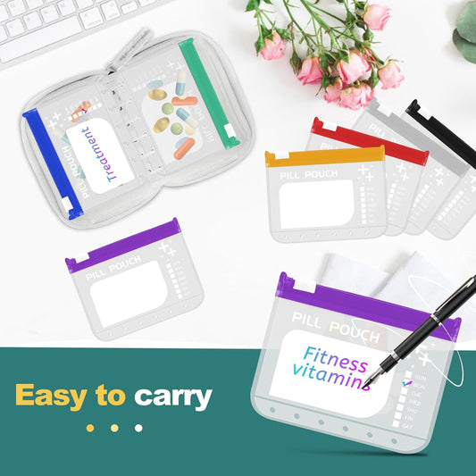 A7-L Water-Proof Pill Pouch Set, Large Pill Organizer, BPA Free, A7-L Pill Loose-Leaf Storage with Color-Coded Medicine Pouches, Reusable Travel Medicine Organizer, Zippered Pill Organizers Weekly