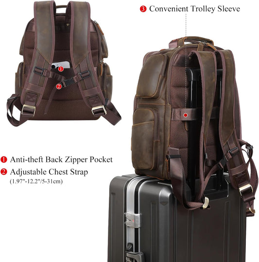 TIDING Vintage Full Grain Leather 16 Inch Laptop Backpack for Men Multi Pockets Travel Rucksack Weekend Business Daypack_Large