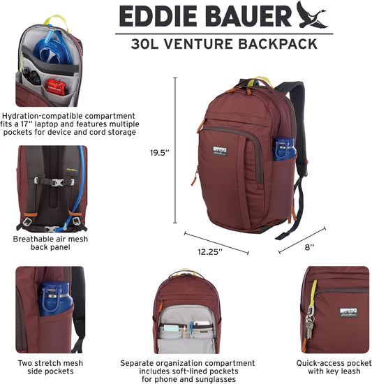 Eddie Bauer 30L Venture Backpack, Hydration and Laptop Compatible Daypack, Redwood