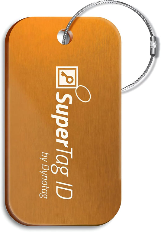 Dynotag® Sentry Series Solid Metal Web Enabled Smart Luggage Tag ID + Steel Loop, Anodized Aluminum with DynoIQ™ & Lifetime Recovery Service (Frost Gold)