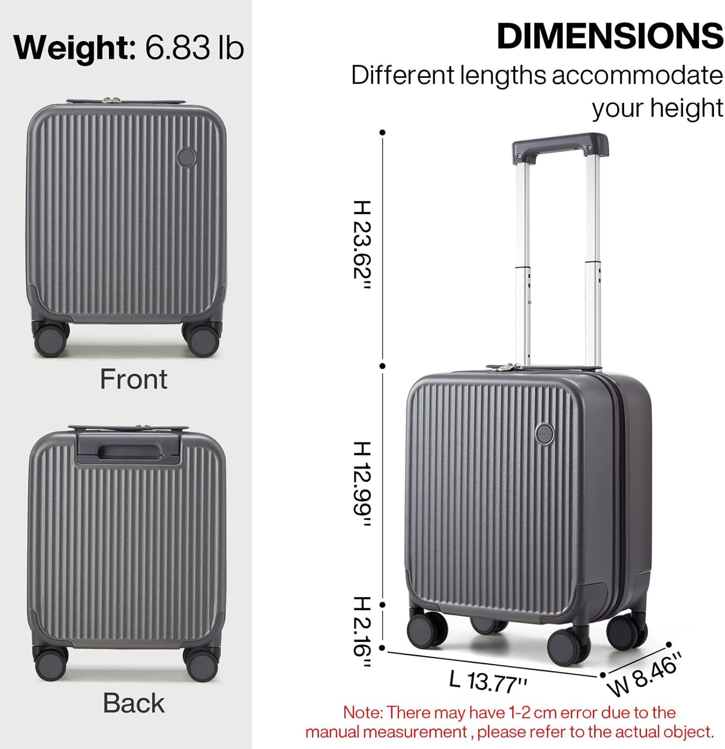mixi Underseat Carry on Luggage 16 Inch Hardshell PC Suitcase with Spinner Wheels TSA Lock for Travel, Rock Gray