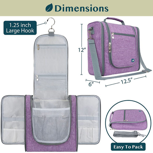 PAVILIA Extra Large Toiletry Bag Travel Bag for Women Men, Hanging Cosmetic Organizer, Water Resistant Makeup Bag for Accessories Toiletries, Travel Essentials Kit (Purple)