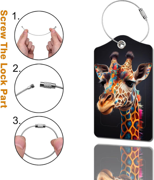 2 Pack Luggage Tag for Suitcase, Cute Unique Leather Bag Tags Identifiers Privacy Cover ID Label with Durable Steel Loop for Women Men Kids Girls Travel,GiraffeB