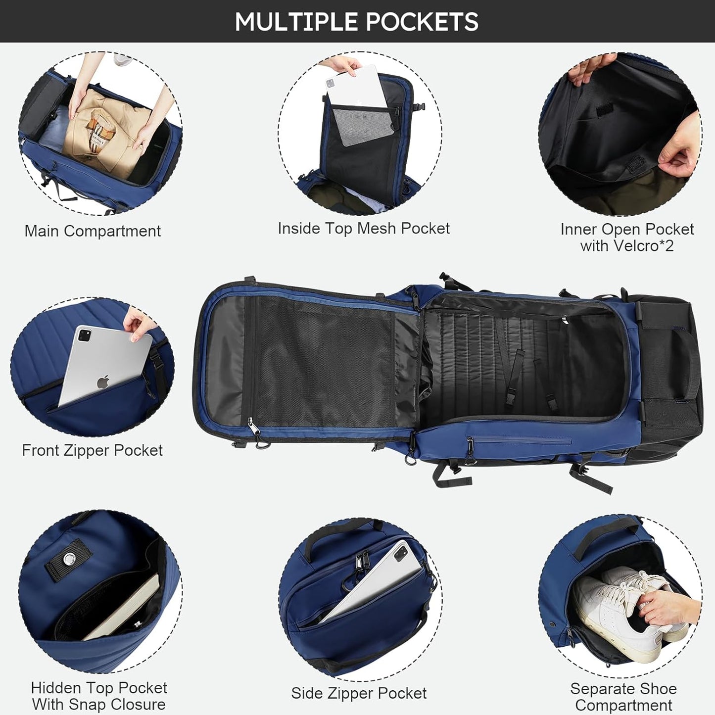 86L 30” Folding Duffle Backpack with 2 Wheels,Travel Bag with Separate Shoe Compartment,Navy Blue