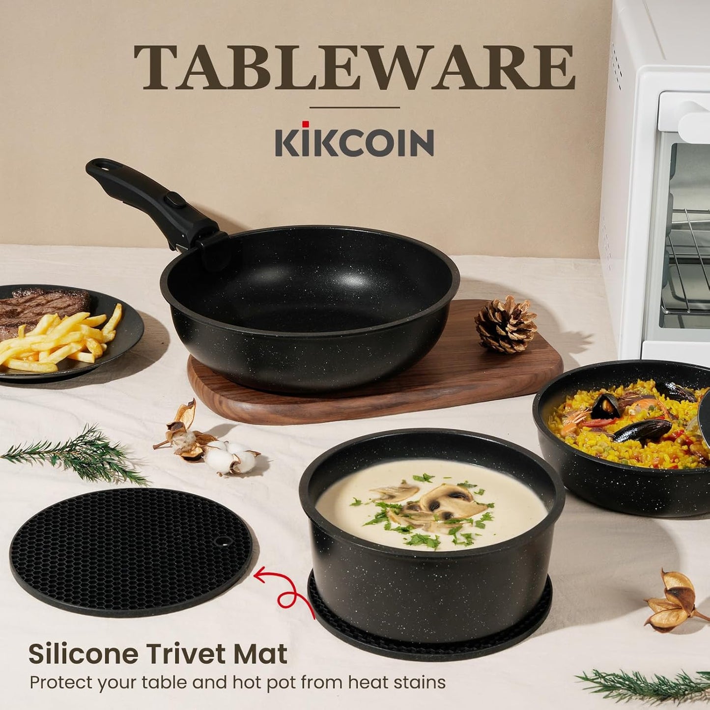 KIKCOIN 20 Pcs Pots and Pans Set Non Stick, Detachable Handle Cookware Sets Nonstick, Non Toxic Induction RV Kitchen Cooking Set with Removable Handles, Dishwasher/Oven Safe, Easy Clean (Black)