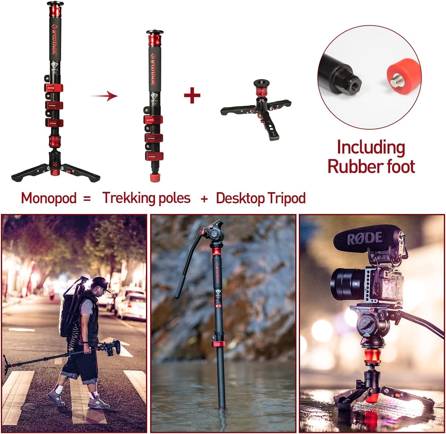 IFOOTAGE Monopod with Feet, 59’’ Lightweight Telescopic Carbon Fiber Camera Monopod,Tripod Stand,Metal Flip Locks for DSLR,Sony,Max.Load 22lbs,Cobra 2 C150 Ⅱ