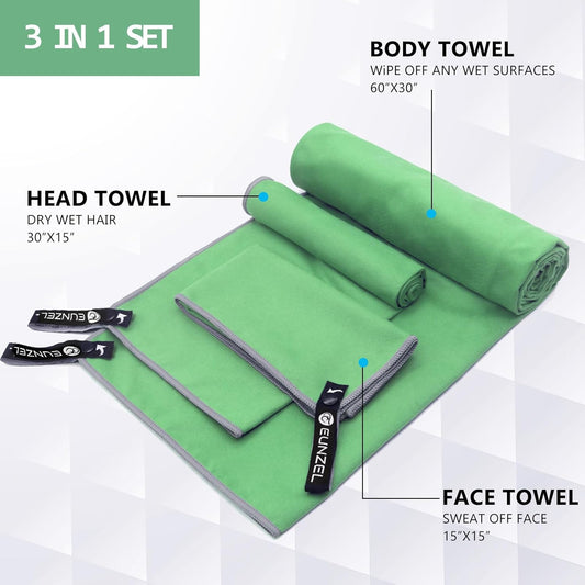 Eunzel Quick Dry Camping Towel, Microfiber Travel Towel 3 Size at 1 Pack,Fast Drying Towel Set for Camping, Beach, Gym, Sports, Yoga & Swimming Pool, Green