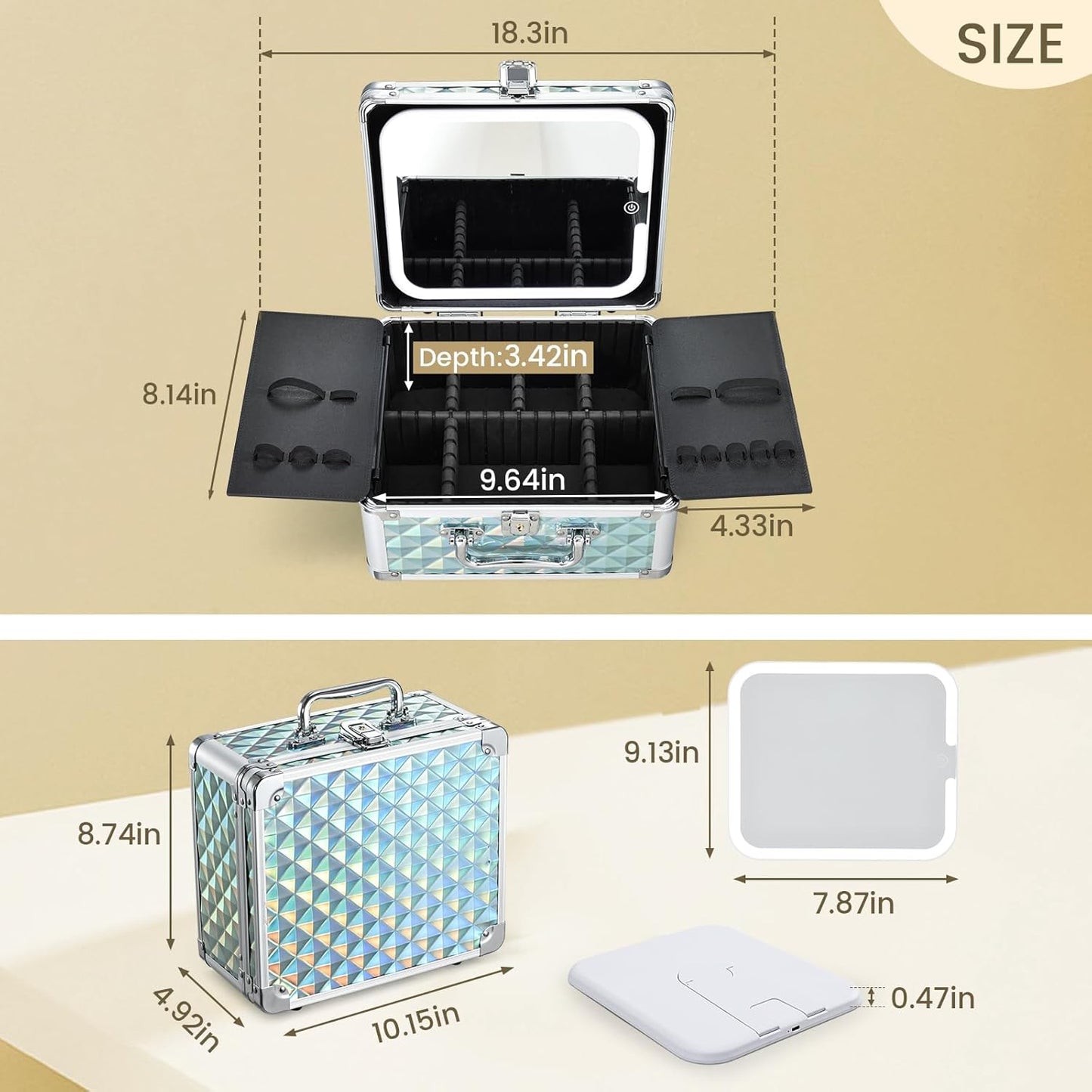 Makeup Case with Magnetic LED Mirror Travel Cosmetic Organizer Portable Makeup Box with Lighted Up Mirror Make Up Vanity Nail Box Lipstick Artist Storage with Lockable Dividers Brush Holder Shiny Blue