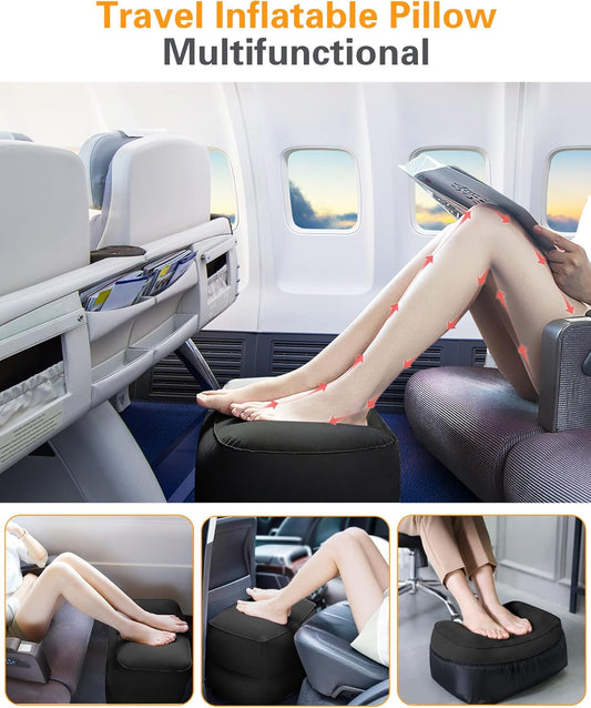 Sunany Inflatable Foot Rest Pillow , Adults Airplane Travel Pillow-Adjustable Height Cushions,for Kids to Sleep While Traveling,Suitable for Office, Home and Any Travel(Black)