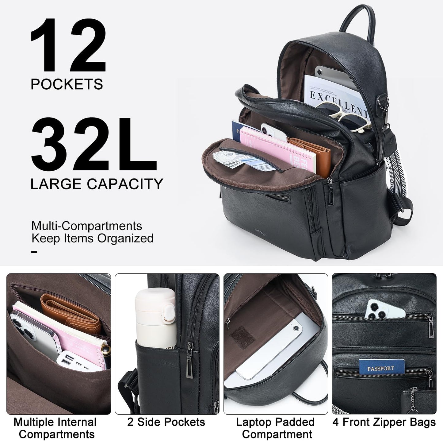 Backpack Purse for Women Laptop Backpack, Leather Travel Backpack Shoulder Bag Teacher College Daypack Work Handbag fits 14" Laptop-Black