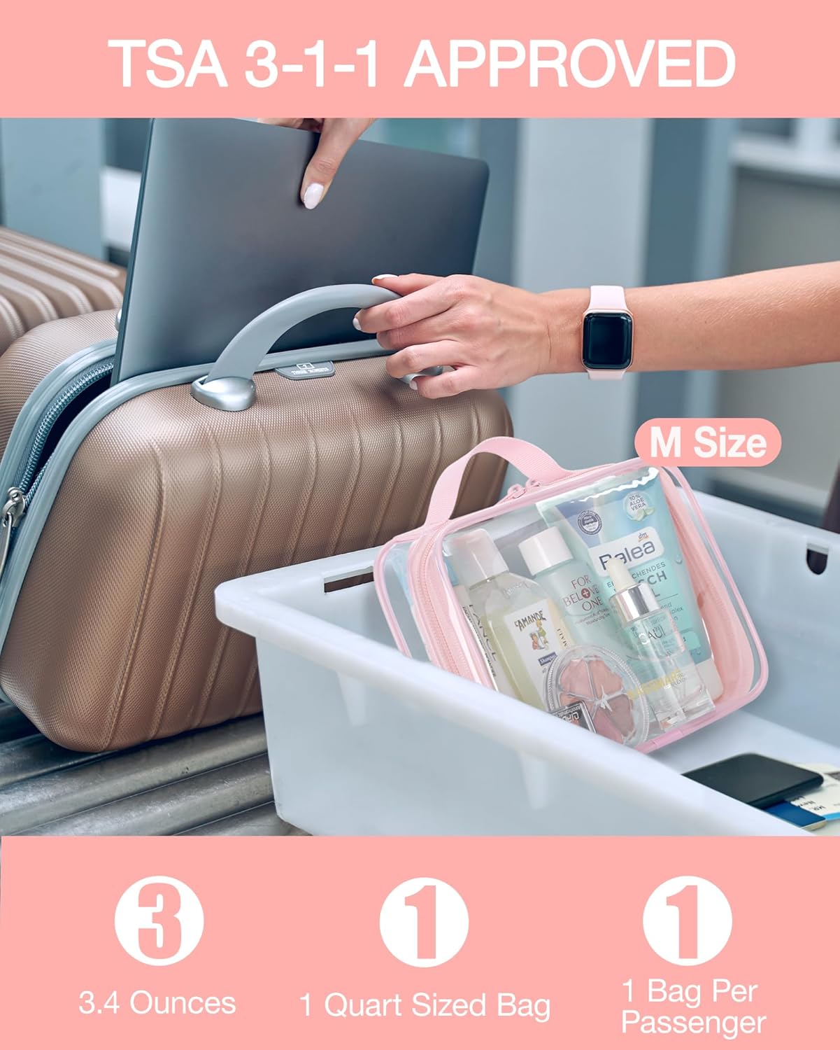 BAGSMART TSA Approved Clear Toiletry Bag, 3 Packs Quart Size Water Resistant Makeup Cosmetic Bags for Women, Airport Airline Travel Essential Carry On Organizer with Handle Large Opening, Pink