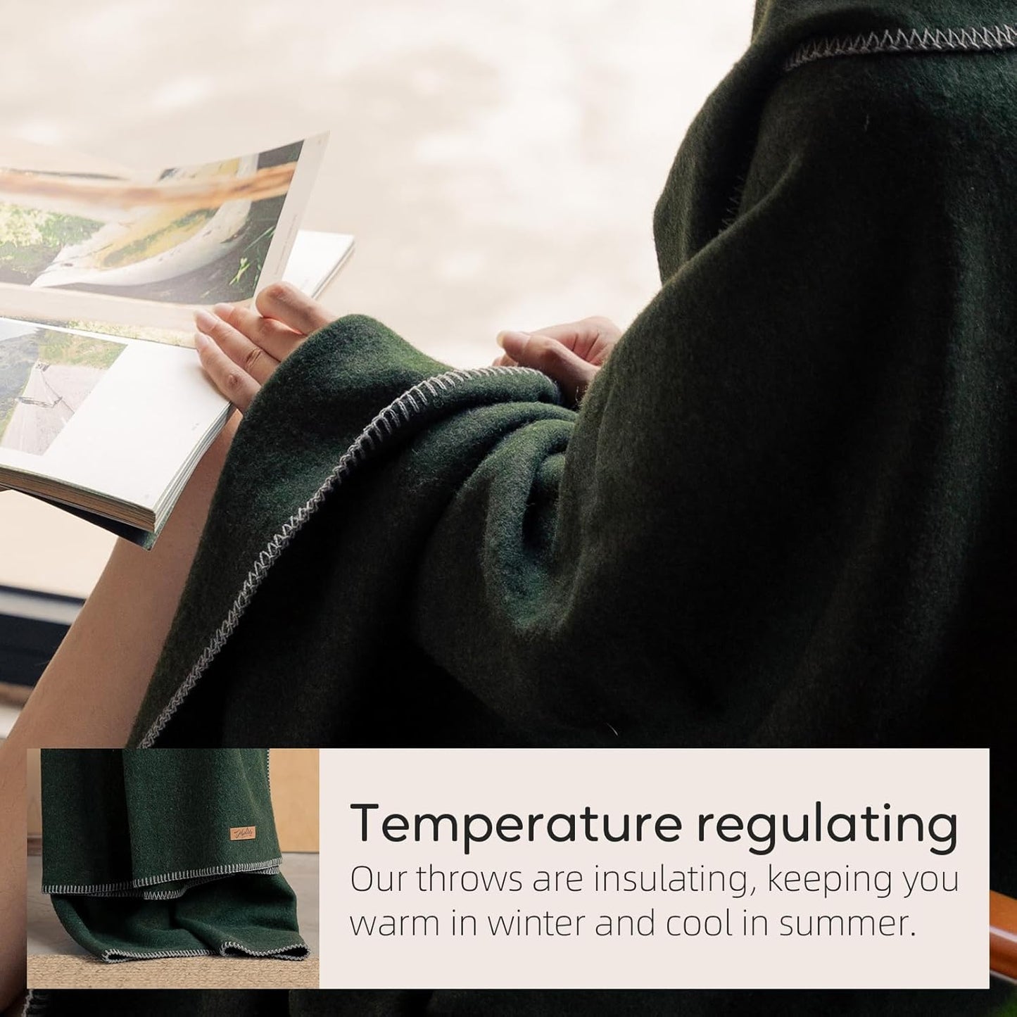 100% Wool Blanket, 48" x 62", Warm, Thick, Washable, Military Wool Blanket, Great for Camping, Outdoors, Sporting Events, Survival Kits,Olive Green