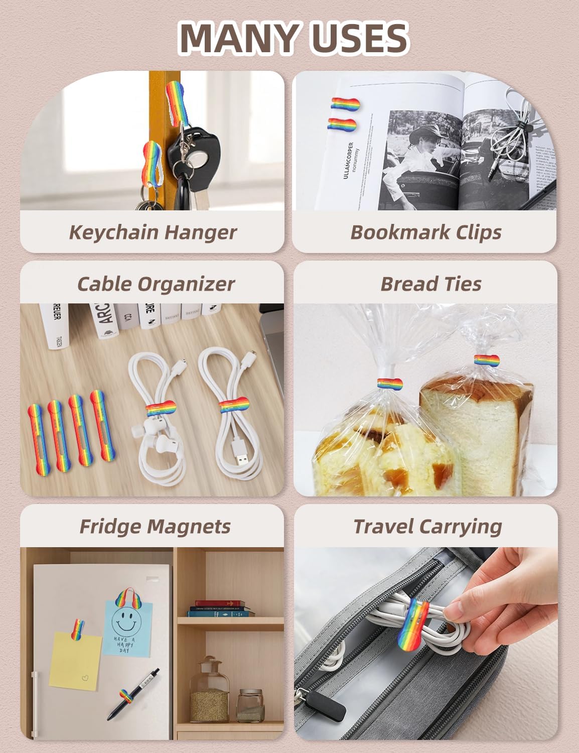 Kanemc 8 Pack Magnet Clips Cord Organizer, Rainbow Colored Reusable Cable Ties Silicone Wire Winder Straps For Travel Charging Cell Phone Cords Storage Whiteboard Markers Refrigerator Magnet