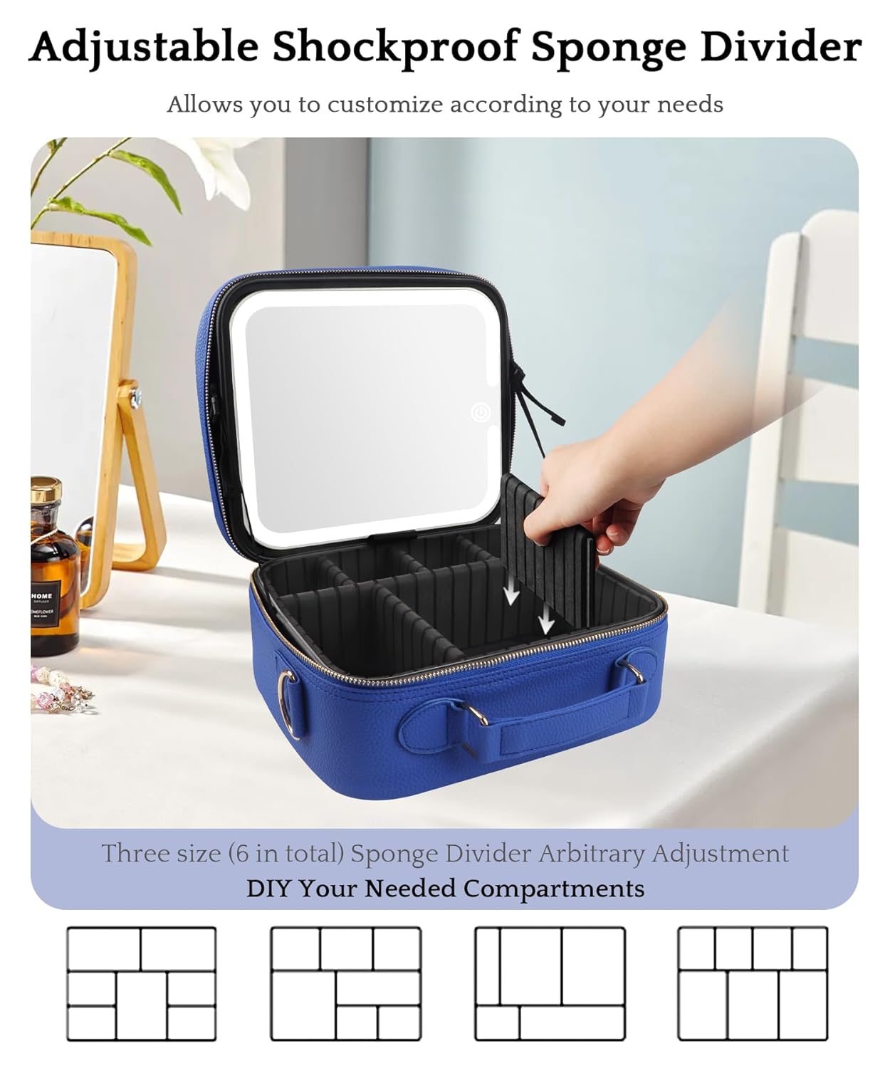 MOMIRA Travel Makeup Bag Cosmetic Bag with Lighted Mirror, Adjustable Brightness in 3 Color Scenarios/Detachable makeup mirror, All-round Upgrade, Waterproof, Gift for Women -Blue