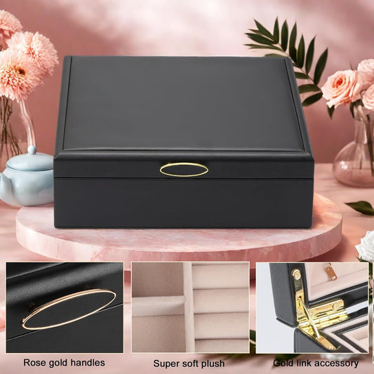 2-layer jewelry box,Jewelry Organizer with Handle,with hanging necklace hooks, detachable jewelry trays, suitable for storing a large amount of jewelry gift box (Large-Black)