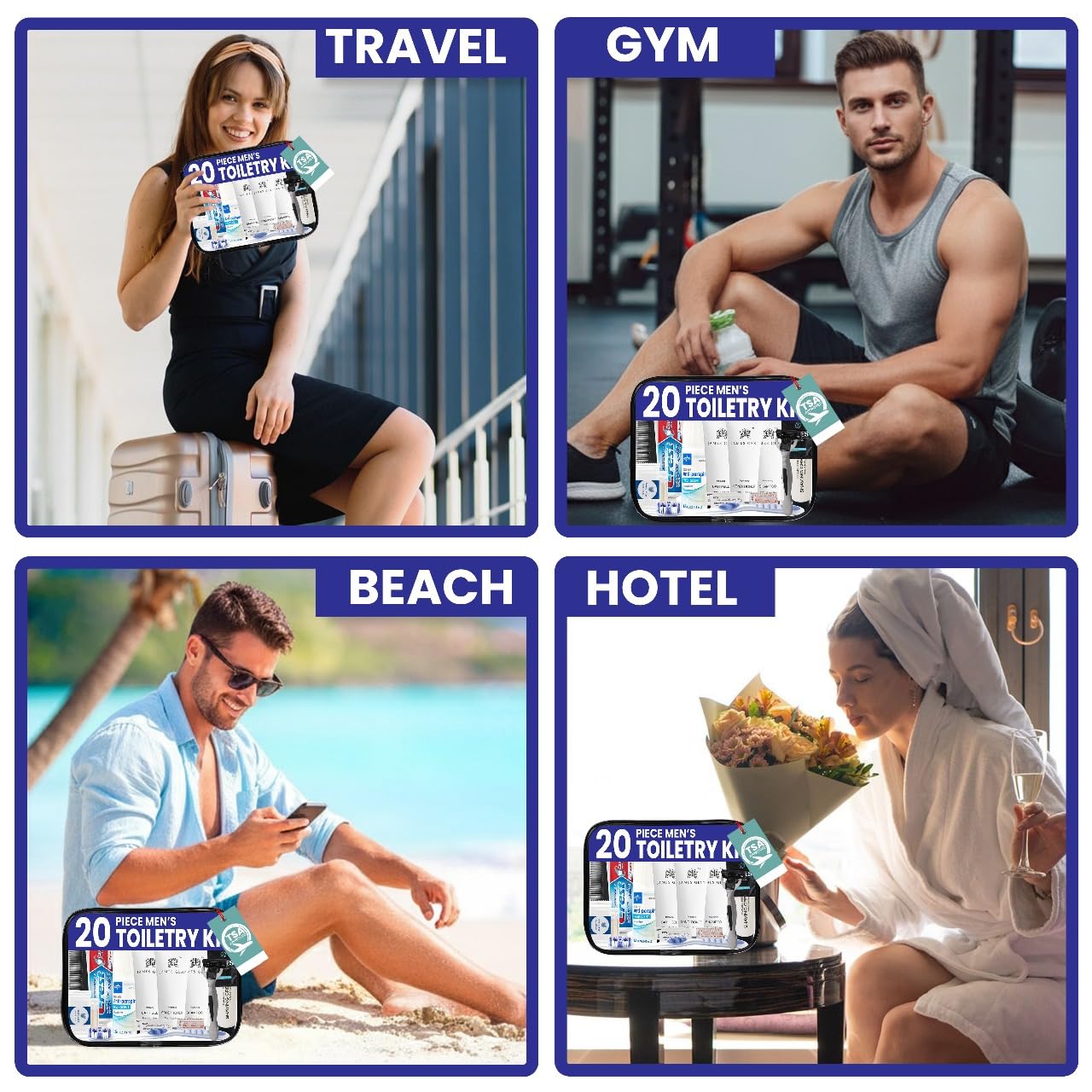 Trektote Travel Toiletry Kit for Men and Women – 20 Piece Set of Travel Size Toiletries, TSA Compliant, Includes Shampoo and Conditioner, Body Wash, Toiletry Bag & More (Pack of 3)