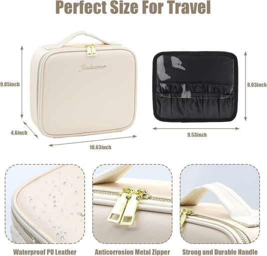 Portable Travel Makeup Bag with Lighted Mirror, 3 Color Brightness, Beige