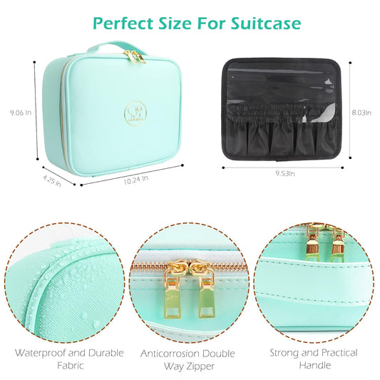 MOMIRA Travel Makeup Bag Cosmetic Bag Makeup Organizer Bag with Lighted Mirror, Adjustable Brightness in 3 Color Scenarios, Waterproof Makeup Train Case, Gift for Women - Green
