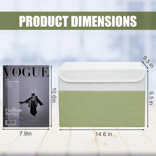 Large 22 Quart Linen Fabric Foldable Storage Bin Cube Organizer Basket with Flip-Top Lid & Handles, Clothes Blanket Box for Home, Office, Closet, Green & White, 4 Pack 14.6 x 9.5 x 9.5