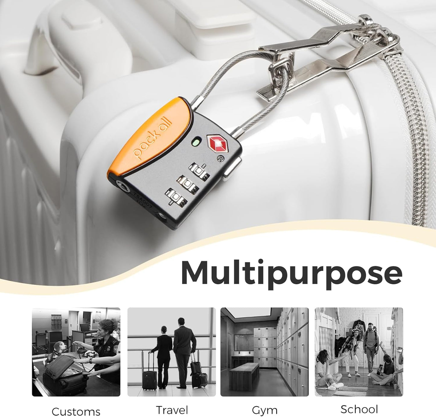 pack all TSA Approved Cable Luggage Locks, 3 Digit Combination Padlocks, Travel Lock for Suitcases & Bag, Alloy Body, Travel Accessories (4 Pack)(Orange)