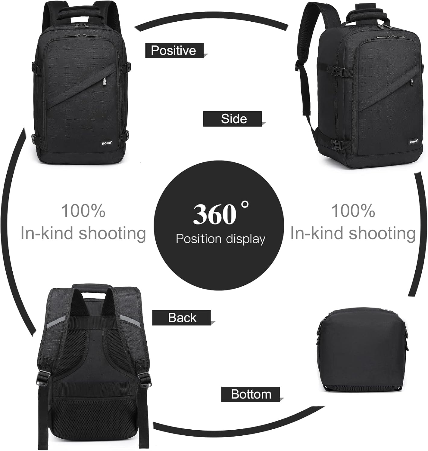 Kono Carry on Backpack, 16" Airplane Approved Under Seat Travel Backpack for Men and Women, Waterproof Lightweight Daypack for Flight 20L (Black, Small)