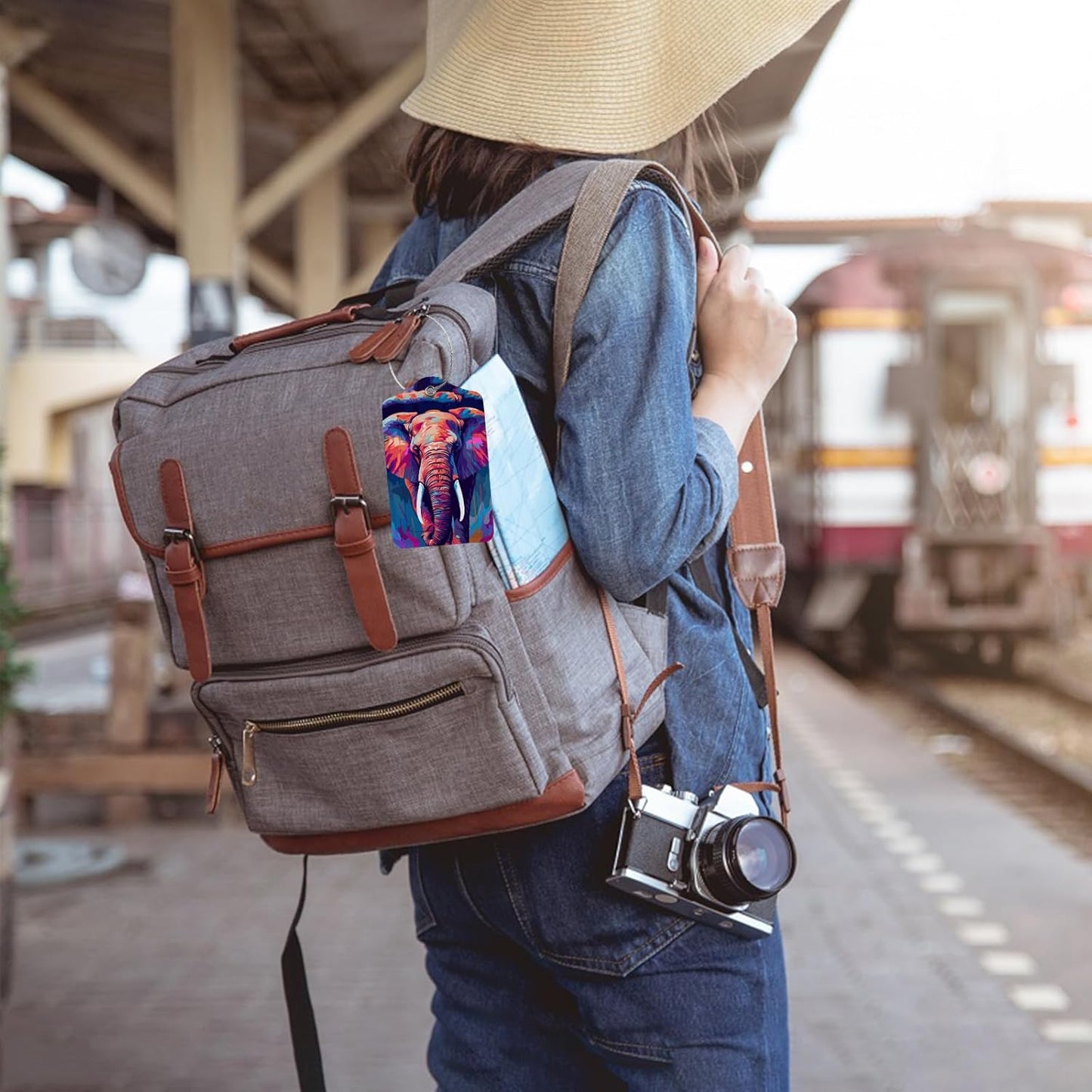 Colorful Elephant 2 Pcs Luggage Tags,Privacy Cover ID Label with Stainless Steel Loop and Address Card for Travel Bag Suitcase