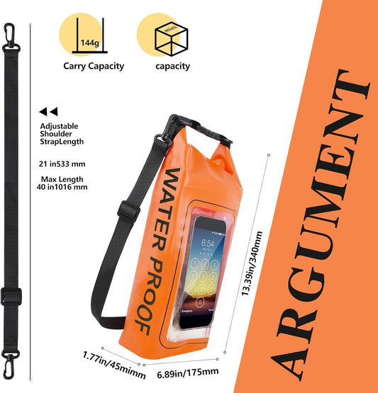 IP68 Waterproof Dry Bag, 2L - Roll Top Waterproof Pool Bag,Dry Bags for Kayaking Waterproof-w/Phone Pouch,Large Waterproof Phone Pouch,Boating & Kayak Accessories Camping (Orange 2L)